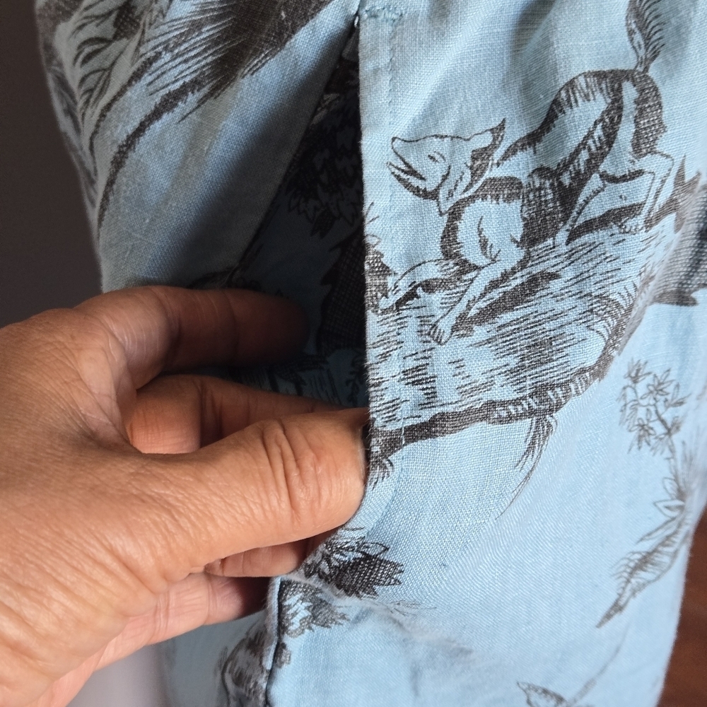 KLEEN 100% Linen Blue Toile Pattern Balloon Cropped Wide Leg Resortwear Pants - Picture 4 of 7